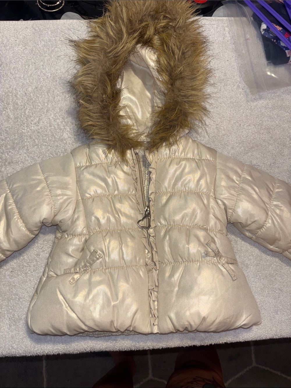 Metallic Cream Hooded Puffer Jacket with Faux-Fur Trim for Kids